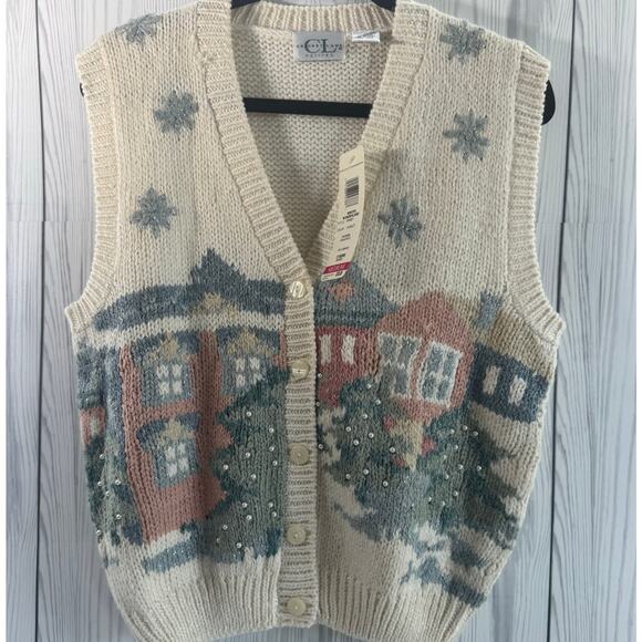 NOS Vintage 1980s Cricket Lane Cute Knit Cardigan Sweater Vest Pet Medium - Picture 1 of 7